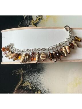 Charm Bracelet w/ Nature Big Cat Zebra Cha Cha Glass & Clay Animal Bead Silver